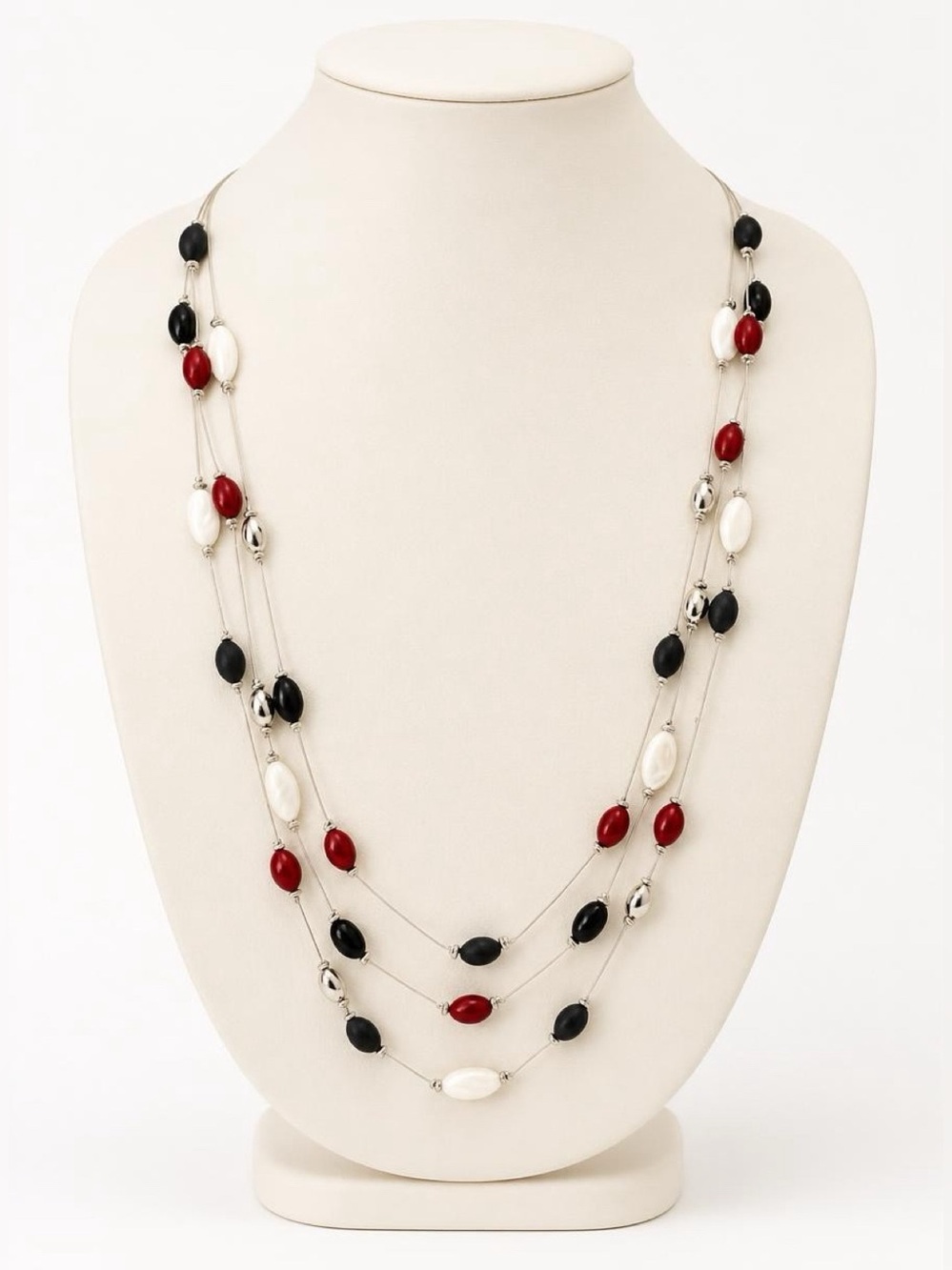 Triple Strand Layered Statement Station Necklace - Red, White & Blue Beads
